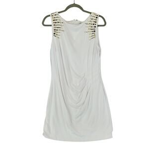Cache White Ruched Shapely Mini Dress Size 12 Gold Geometric Studs Drape Fit NWT